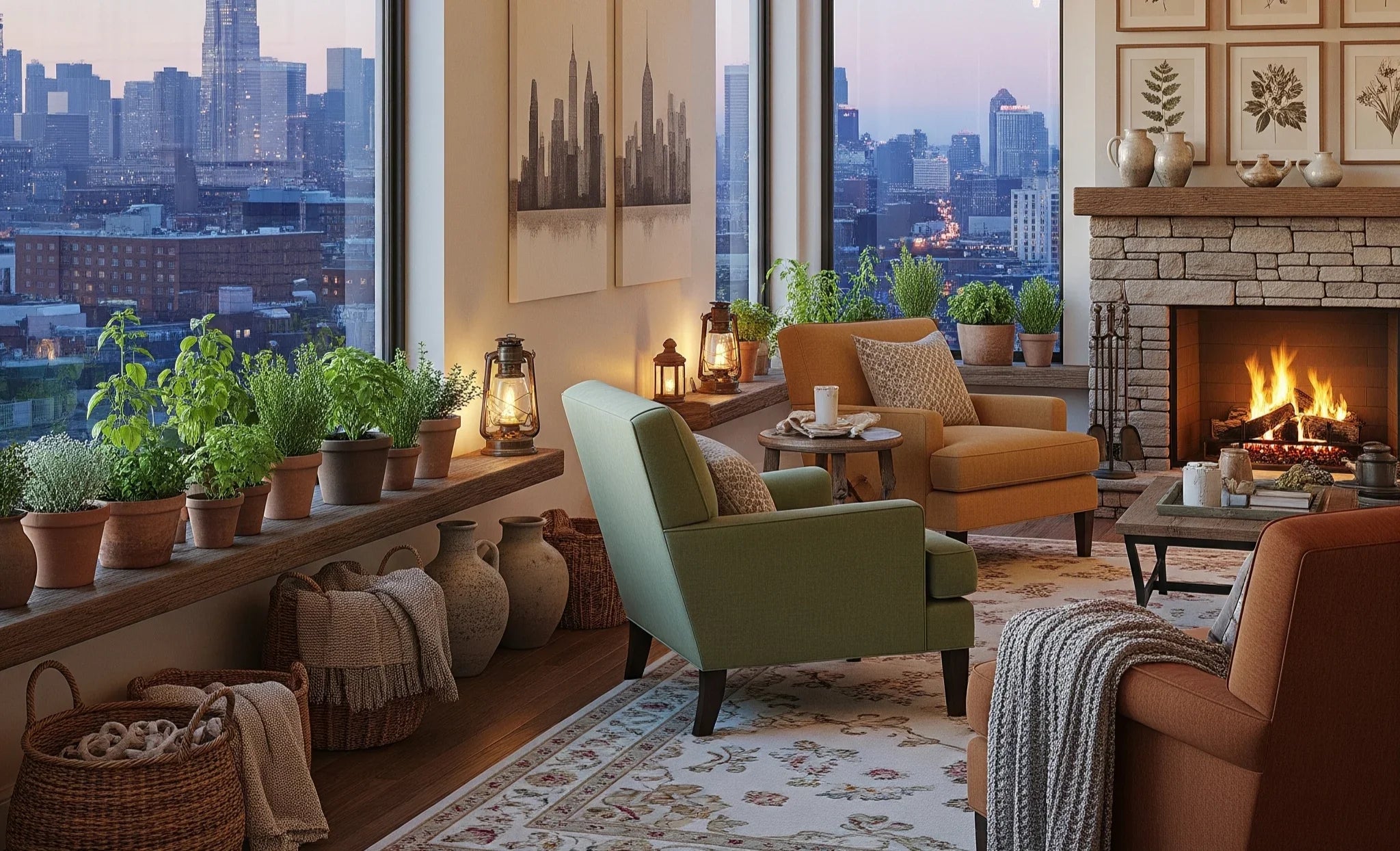 An interior design showcasing the harmonious blend of urban cityscapes and rustic cottage charm, with a city view through large windows and a warm, firelit fireplace