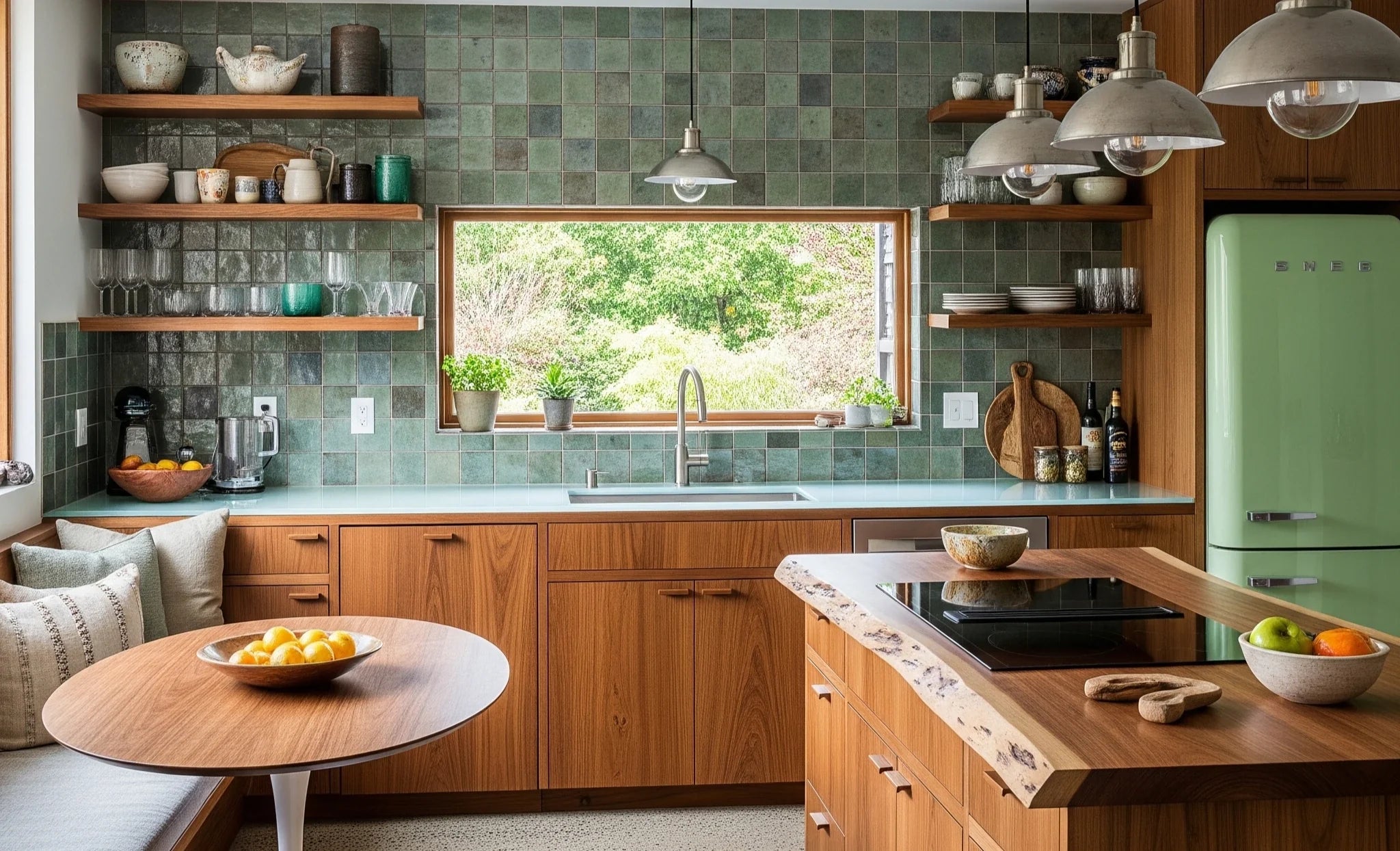 A kitchen with mid-century modern design and sustainable materials.