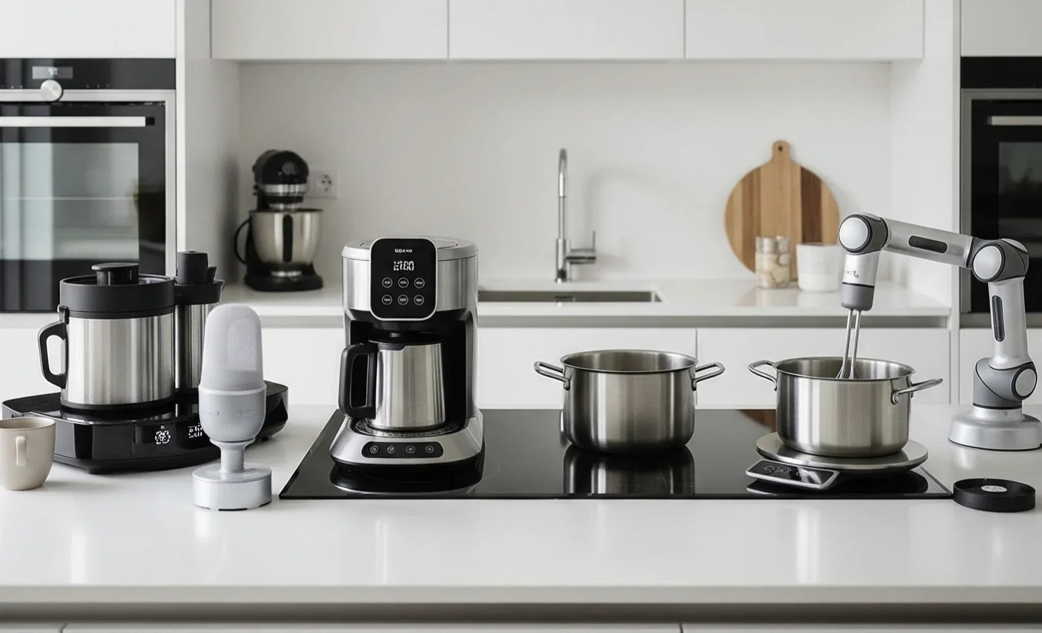 A collection of modern kitchen gadgets on a white countertop, including a coffee maker, an automated mixing arm, and several cooking pots