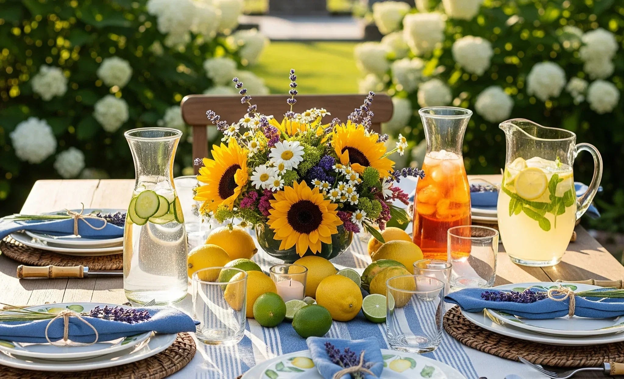 A vibrant summer tablescape on a rustic outdoor dining table, featuring sunflowers, lemons, and blue and white striped accents in a lush garden setting.