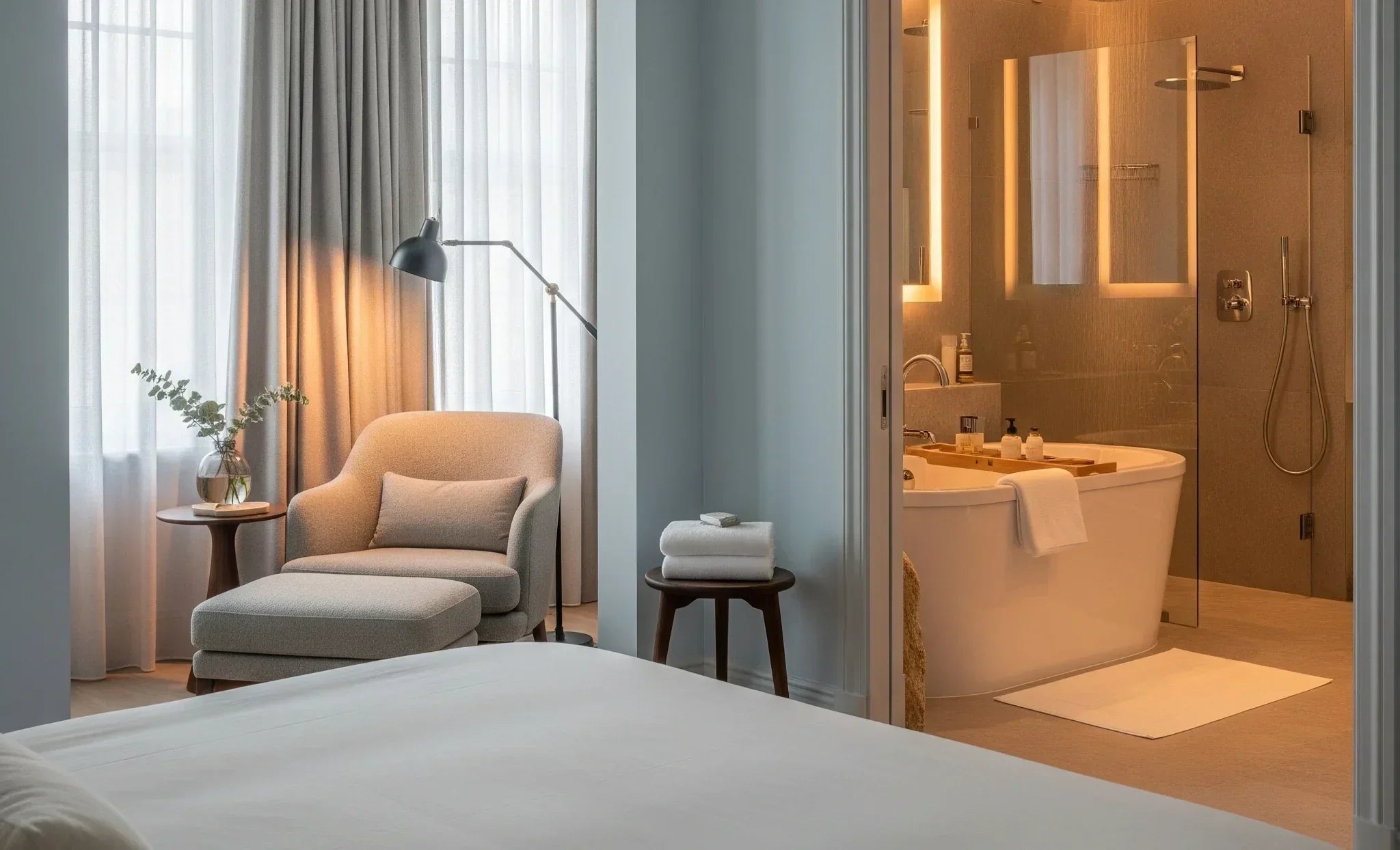 A serene bedroom with a plush bed and a cozy reading nook, seen through a doorway connecting to a luxurious bathroom with a freestanding soaking tub and a modern shower. The overall ambiance suggests a tranquil and spa-like retreat.
