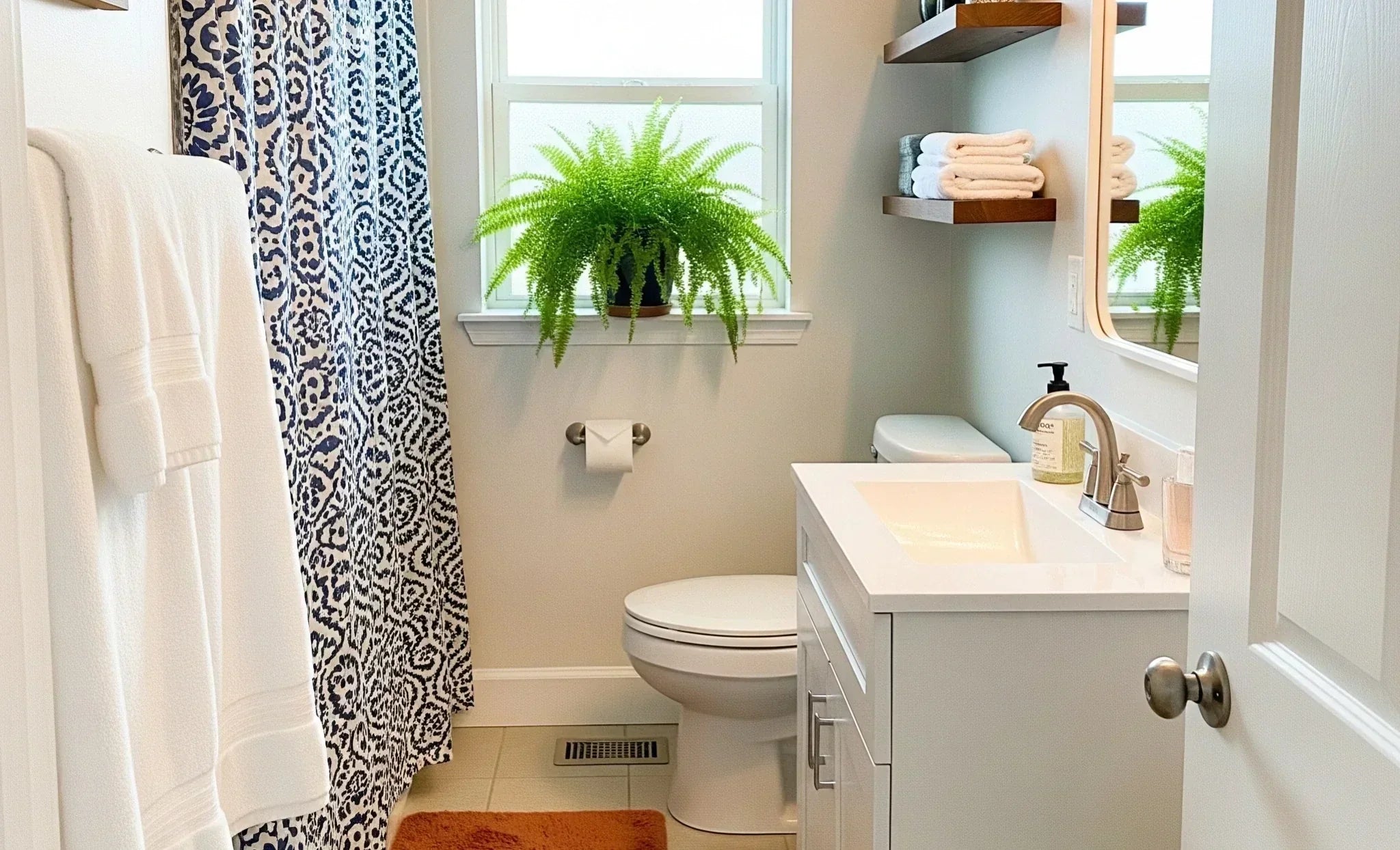 A bathroom with a white vanity, a toilet, a shower curtain, and a green plant on the windowsill