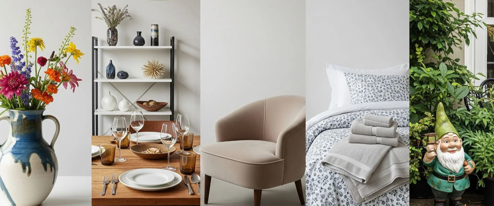 Collage of home decor items including a vase with flowers, a chair, a bed with towels, and a gnome statue.