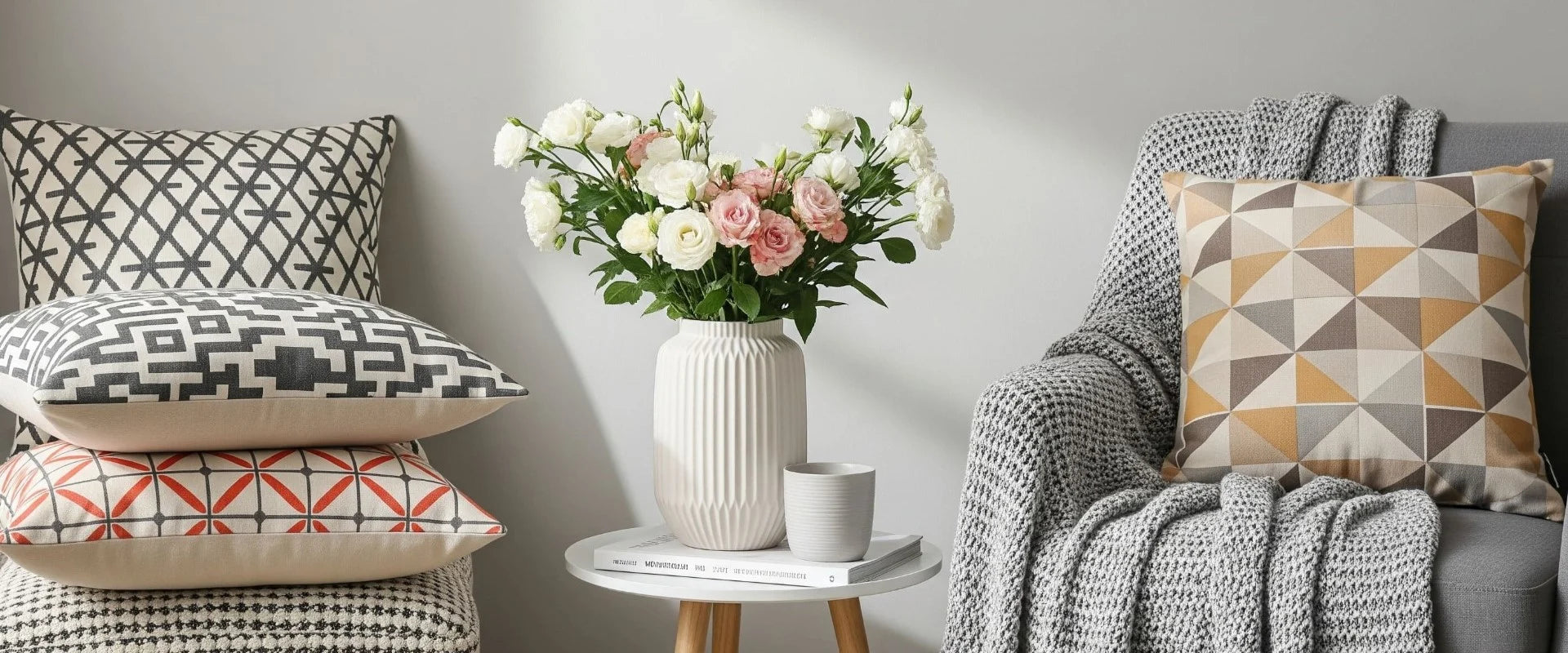 Decorative pillows and a vase with flowers on a small round table against a gray wall.