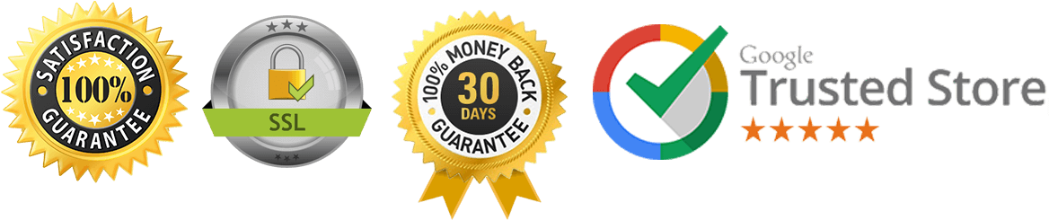 Collection of trust badges including satisfaction guarantee, SSL lock, money-back guarantee, and Google Trusted Store logo.