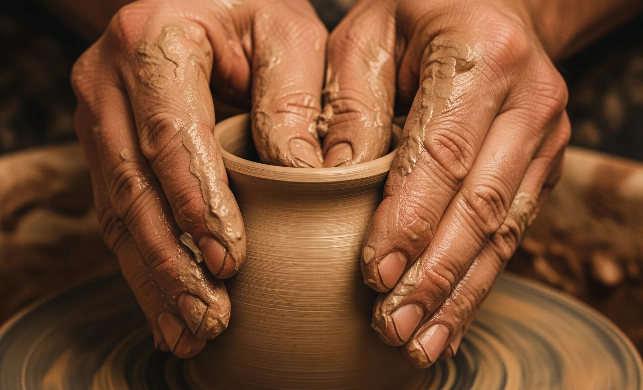 Hands of a potter shaping a clay pot with a blurred background