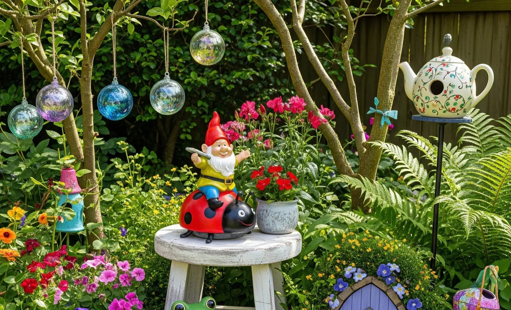 A vibrant and whimsical garden featuring a gnome riding a ladybug on a white stool, colorful glass ornaments hanging from trees, a green frog statue, and a purple fairy door nestled in the foliage.