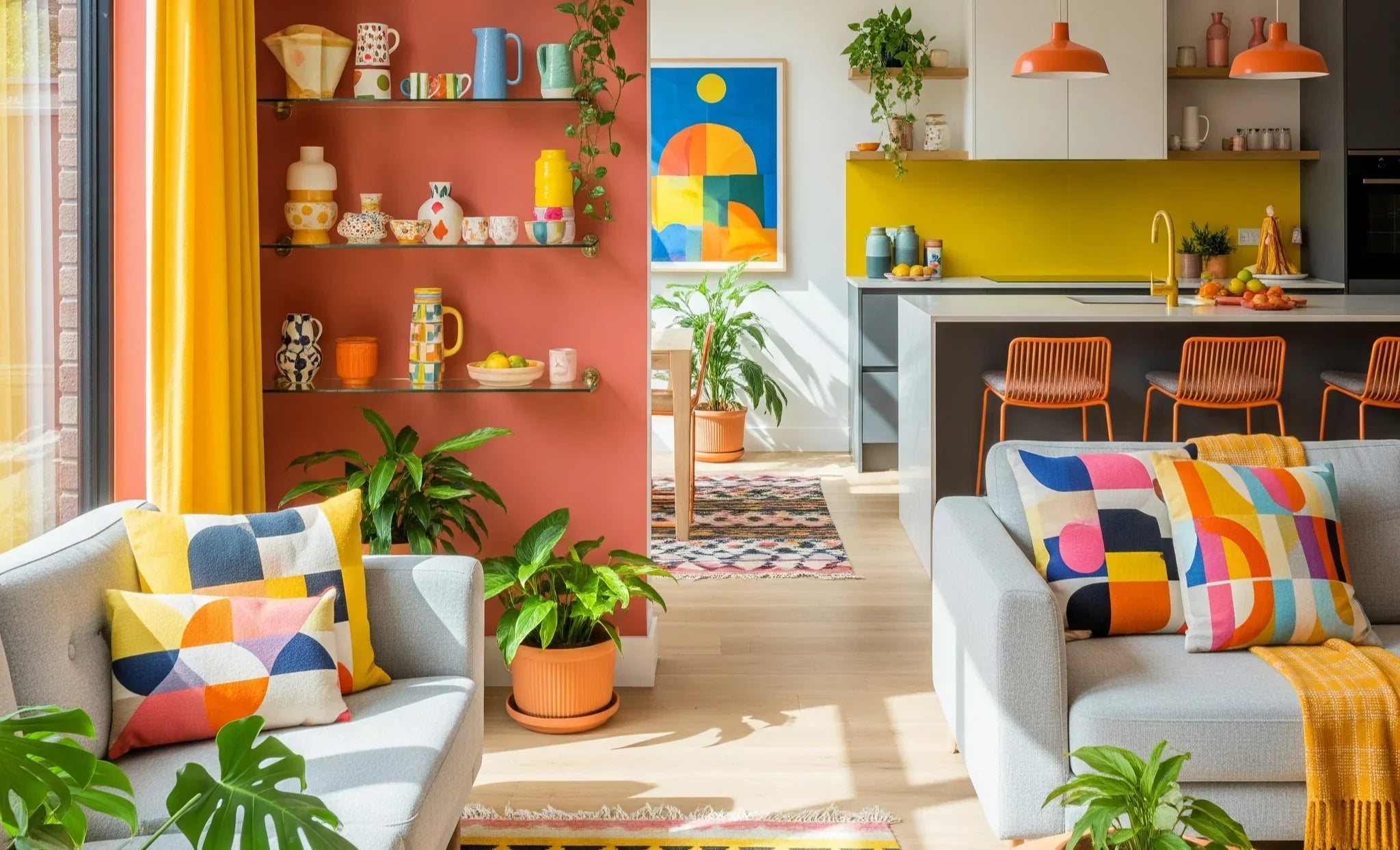 A vibrant living room and kitchen featuring dopamine decor with coral walls, yellow and orange accents, and colorful, geometric-patterned pillows and rugs