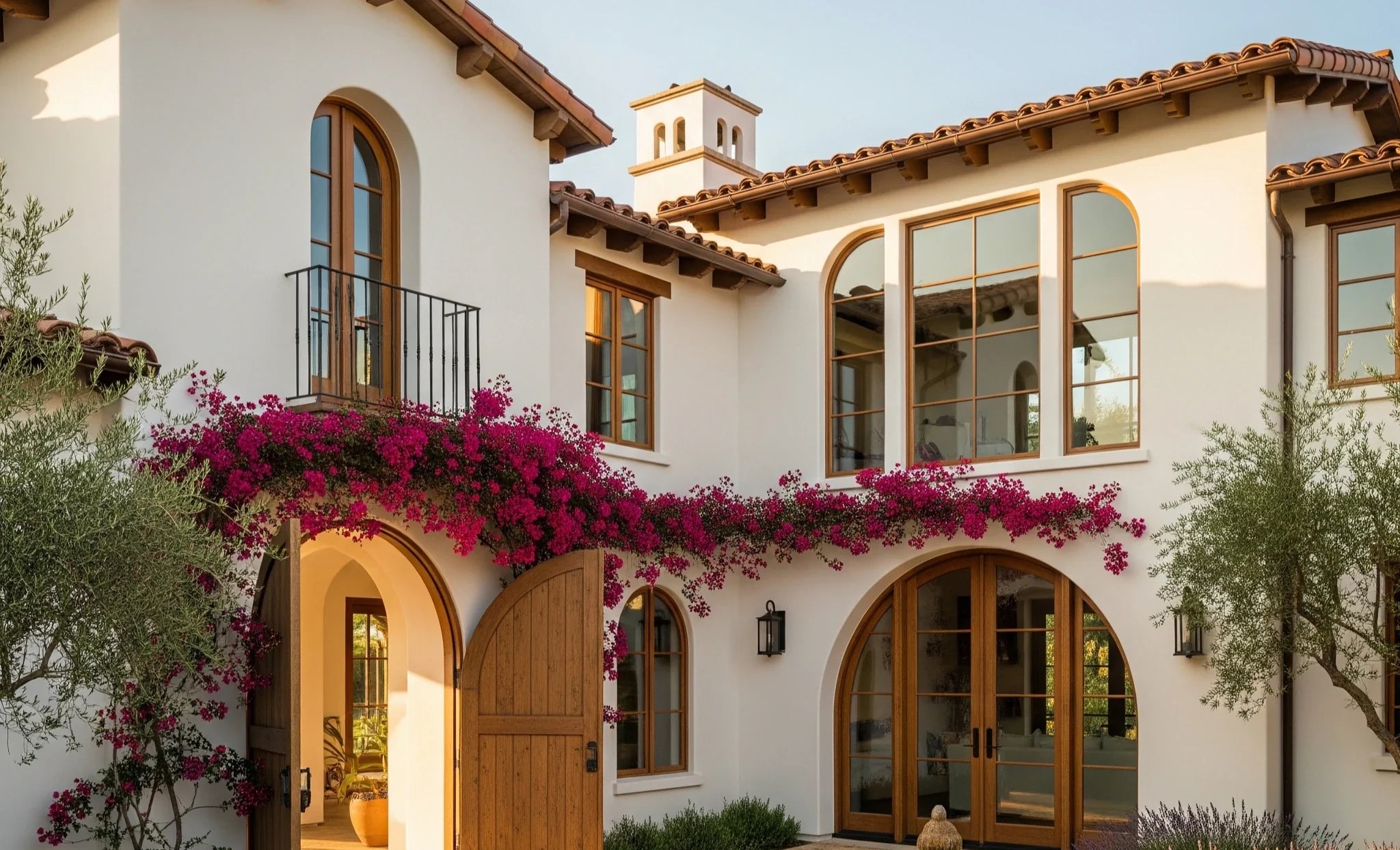 A modern Spanish-style home with a courtyard and fountain.