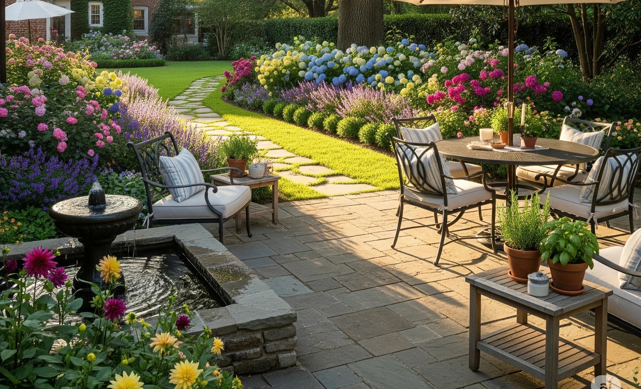 A beautiful garden and patio with a seating area, winding path, and flowering plants, illuminated by the warm afternoon sun.