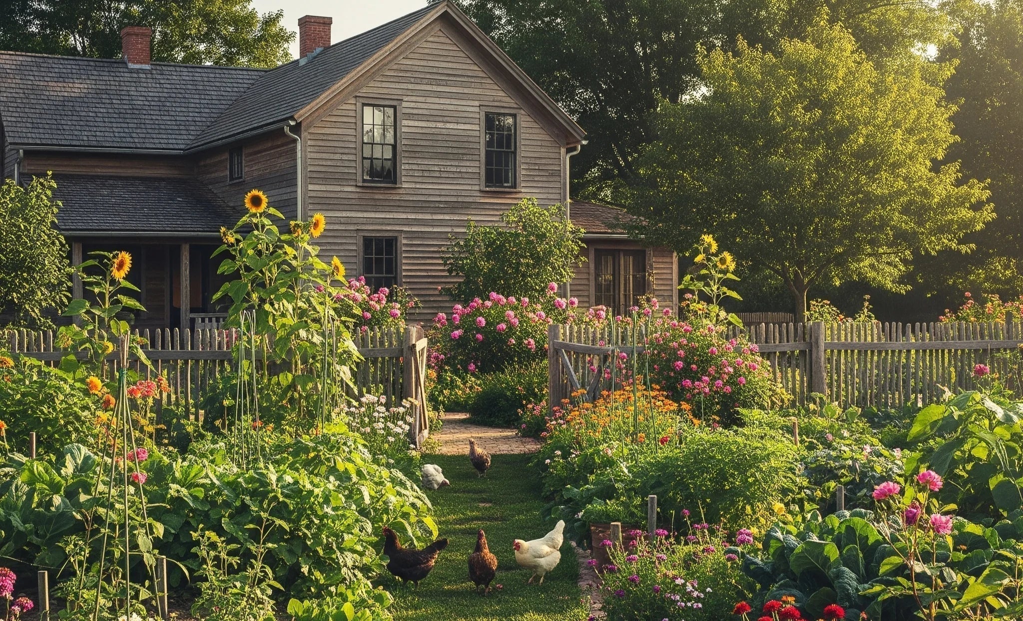 A charming farmhouse with a vibrant, rustic garden full of flowers, vegetables, and chickens under warm natural light.