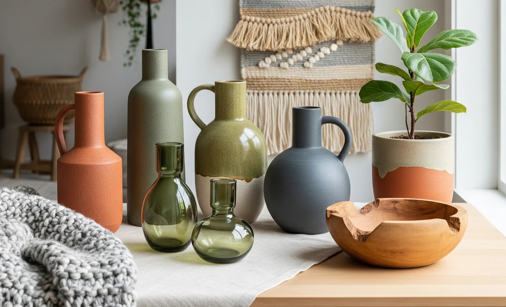 A photograph of various handcrafted home decor items, including ceramic vases, a woven wall hanging, and a carved wooden bowl, arranged on a light wooden table.