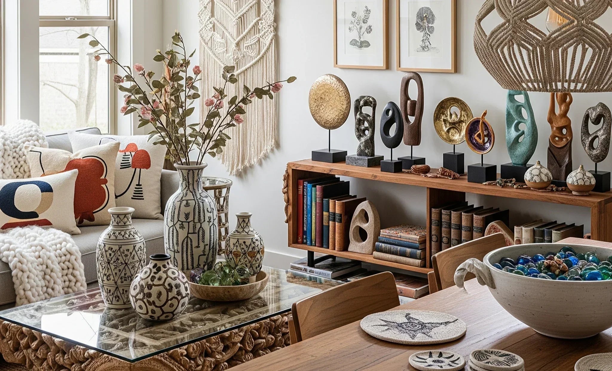 A home interior featuring a variety of handcrafted decor pieces, including a carved coffee table, ceramic vases, sculptures, a macrame wall hanging, and a hand-thrown bowl.