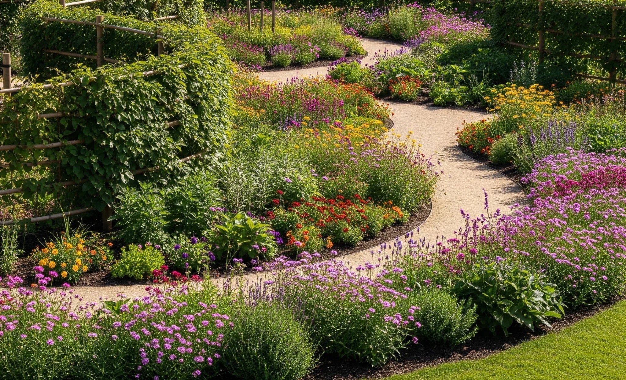 A beautiful garden with living fences made of green shrubs and winding pollinator paths blooming with colorful flowers
