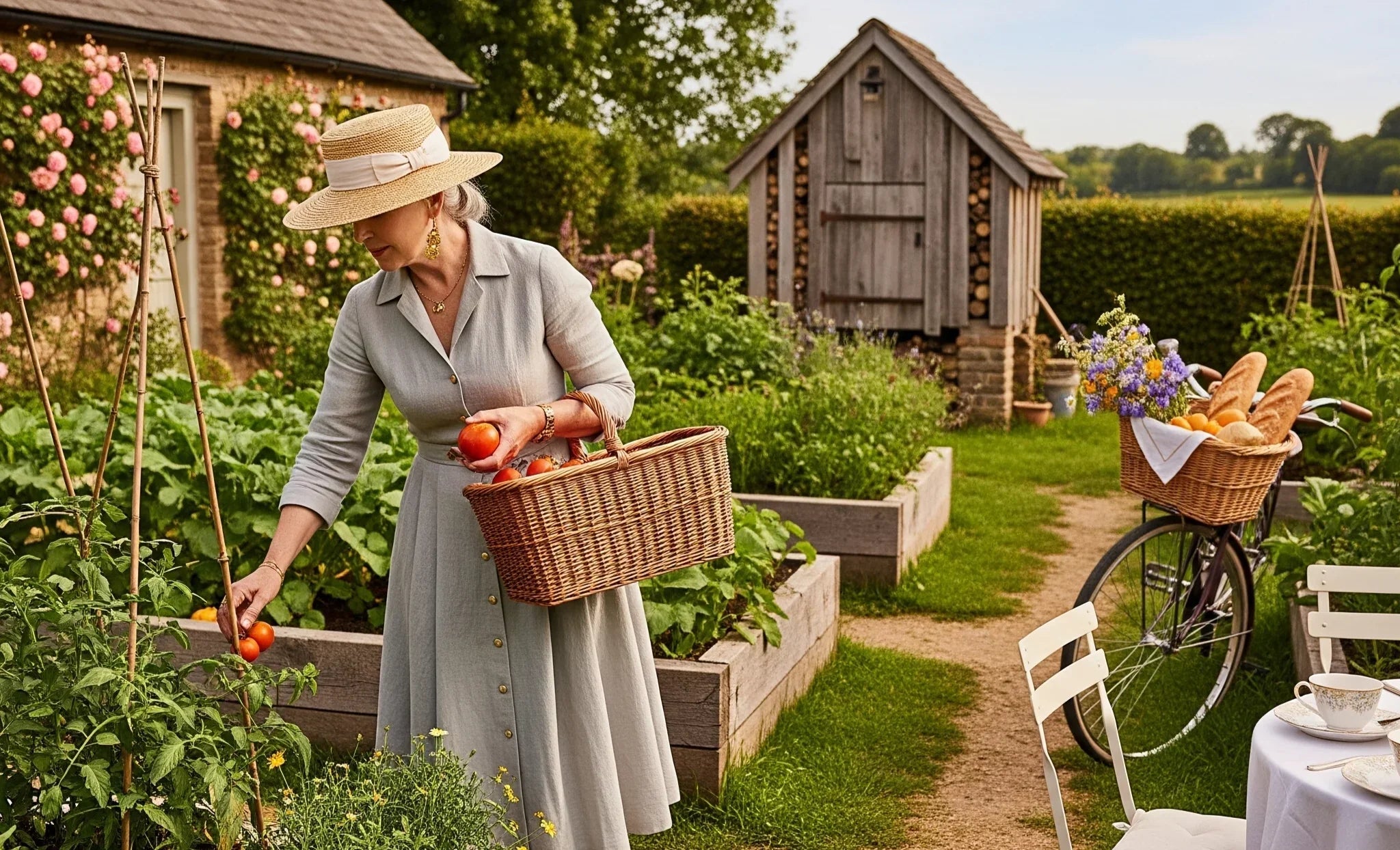 A stylish, elegantly dressed woman resembling Martha Stewart is in a rustic cottagecore garden. She is wearing a linen dress and a straw hat, harvesting tomatoes into a wicker basket.