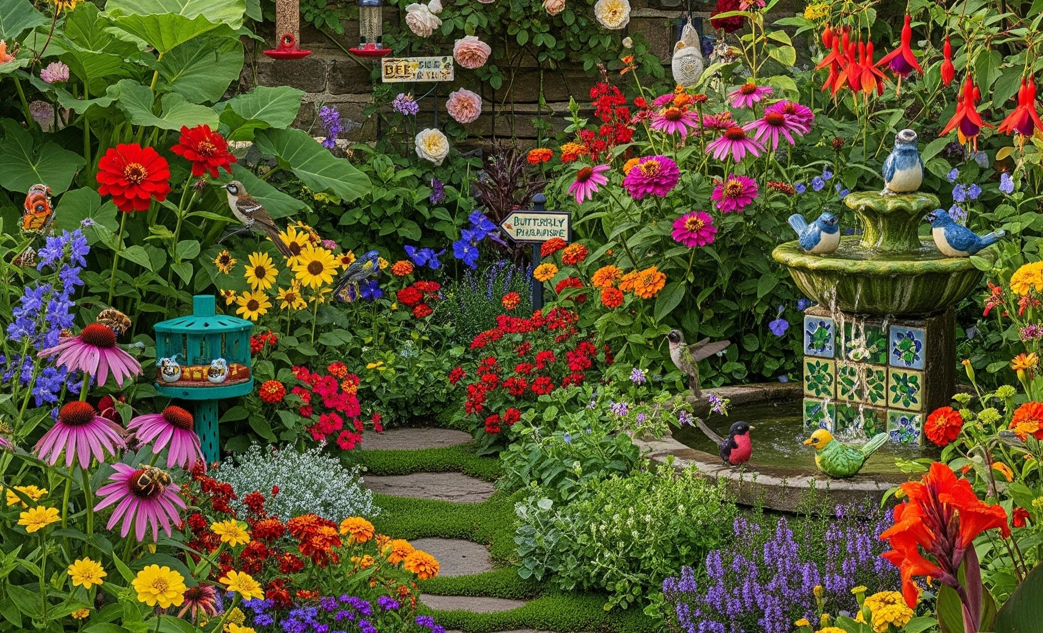 A vibrant maximalist garden with diverse plants and butterflies.