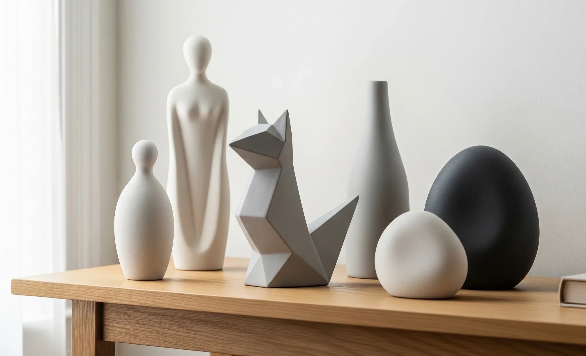 A collection of minimalist ceramic figurines in neutral tones, including an abstract human form, a geometric animal, and an organic pebble shape, displayed on a light wooden table.