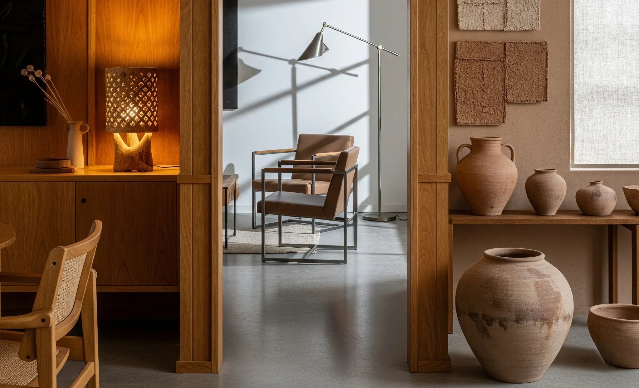 A room with distinct zones showcasing how wood, metal, and clay each create a unique mood, from cozy and warm to cool and industrial