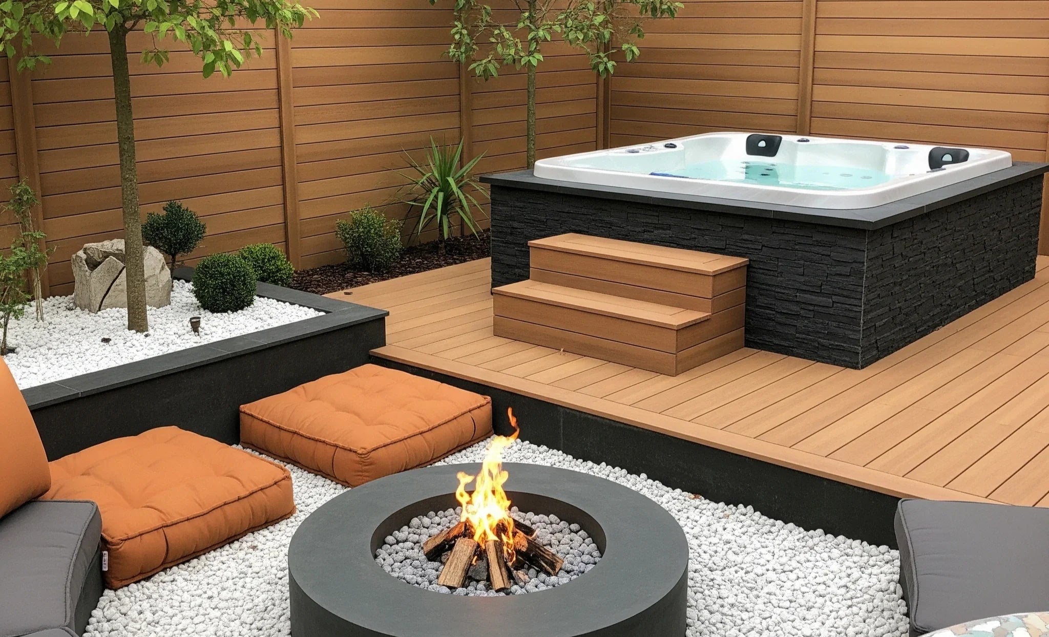 An outdoor garden retreat with a fire pit and a hot tub.