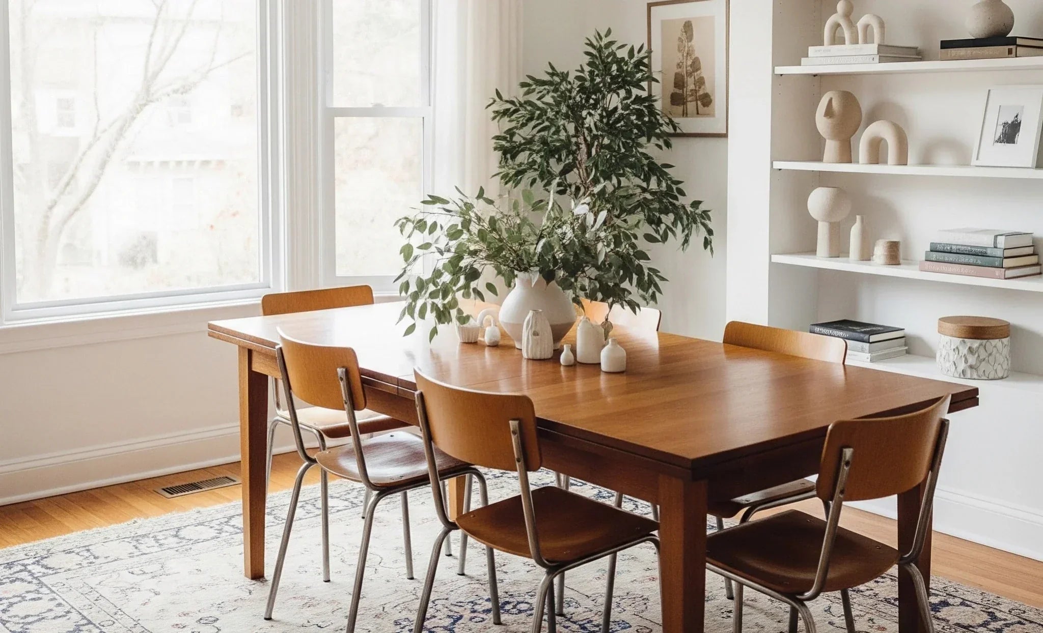  A well-lit dining room with a wooden table, four chairs, and a large plant centerpiece.
