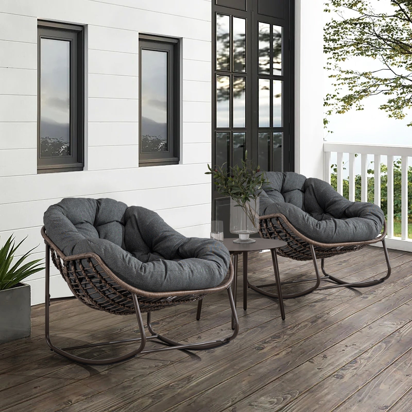Grey PE Rattan Rocking Chair with Cushioned Seat - Shoprova