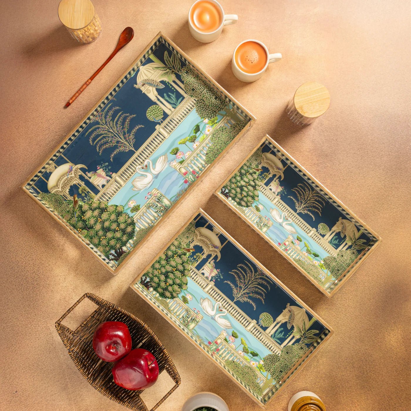 Luxury Handcrafted Wooden Tray Set of 3 – Royal Swan Garden Design - Shoprova