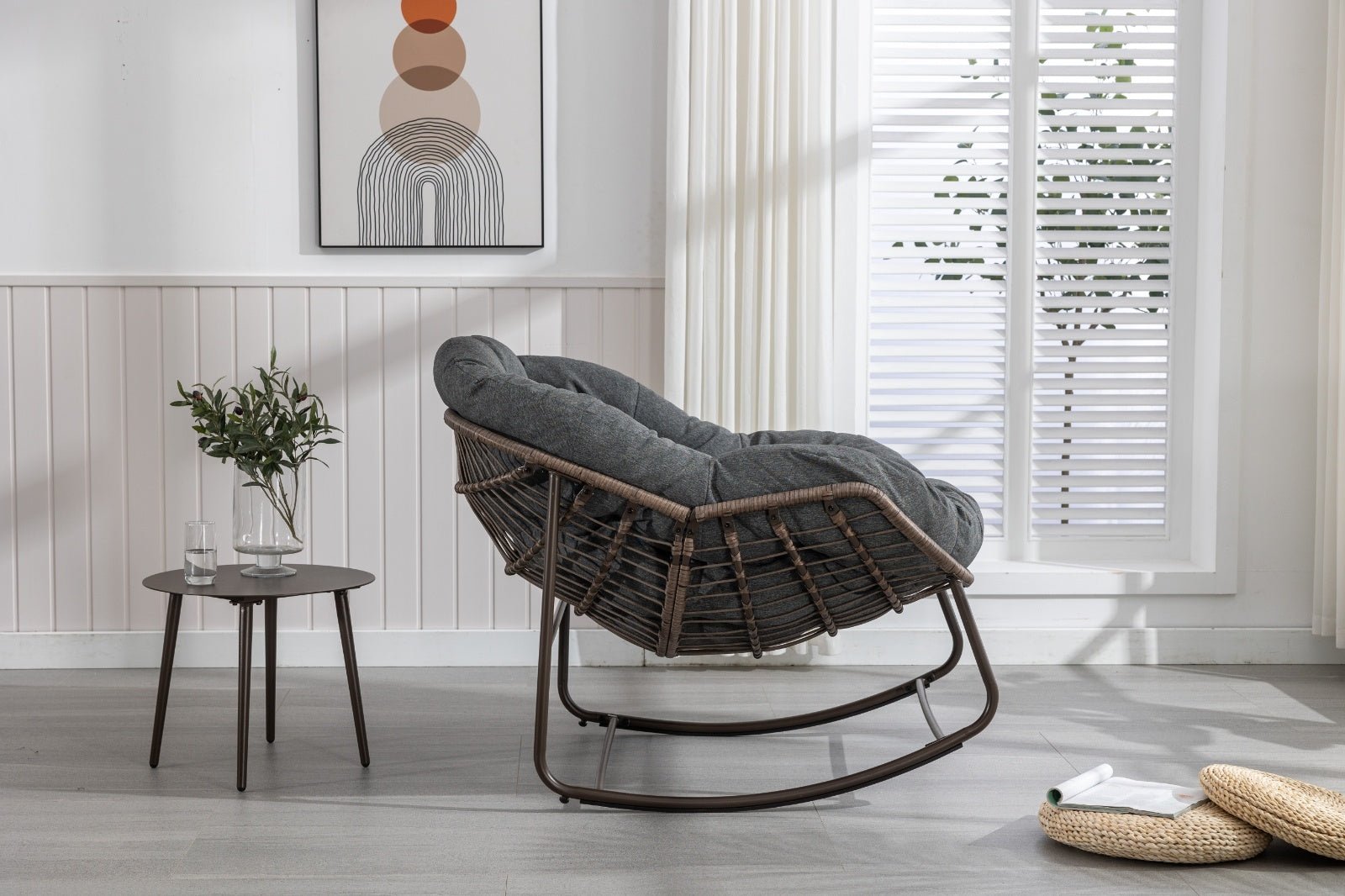 Grey PE Rattan Rocking Chair with Cushioned Seat - Shoprova