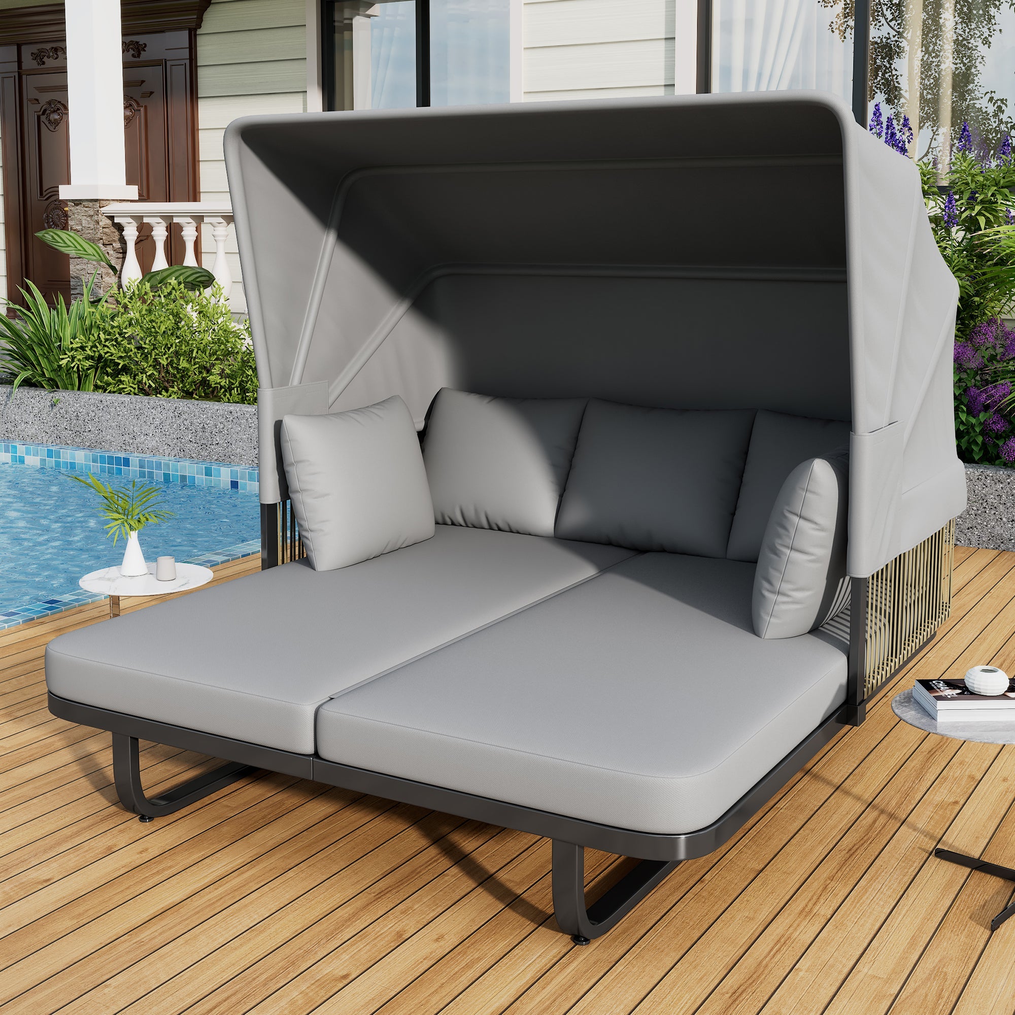 Luxury Outdoor Rattan Daybed with Canopy and Cushions - Shoprova