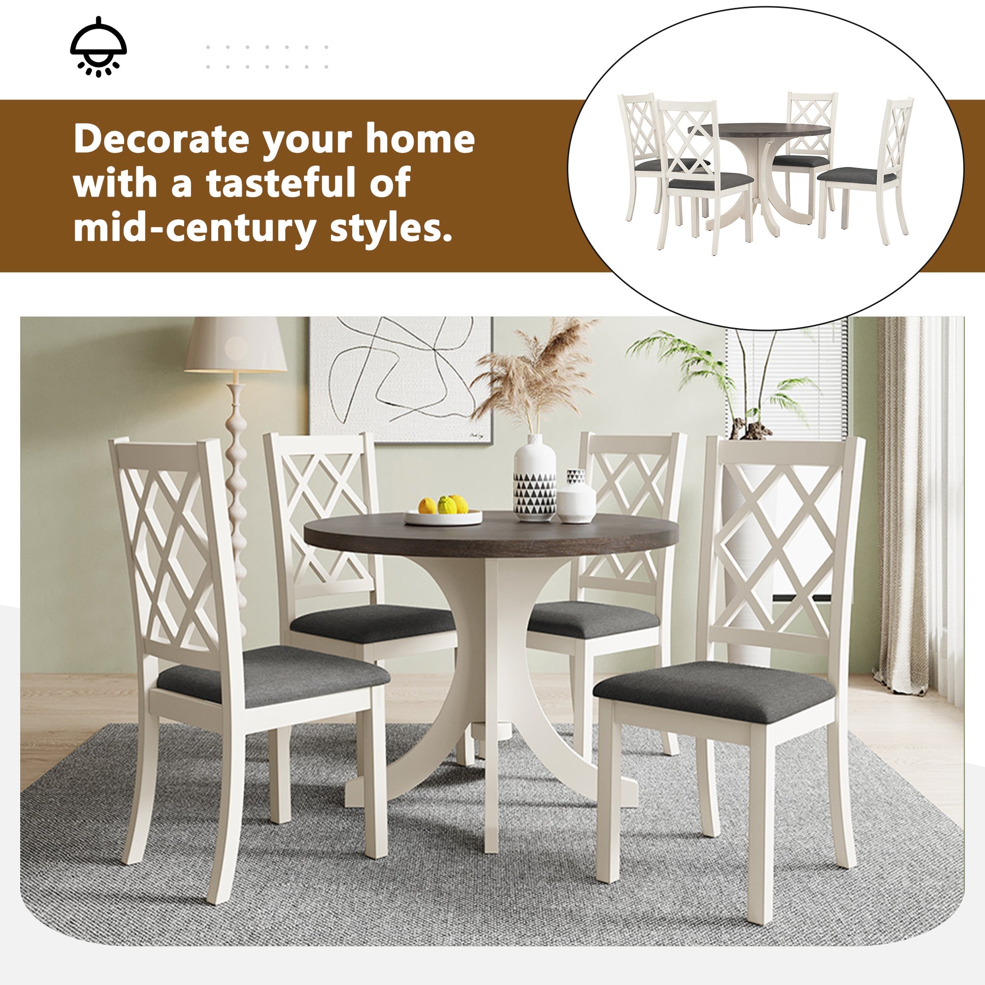 5 - Piece Mid - Century Dining Set – Round Solid Wood Table with 4 Chairs - Shoprova