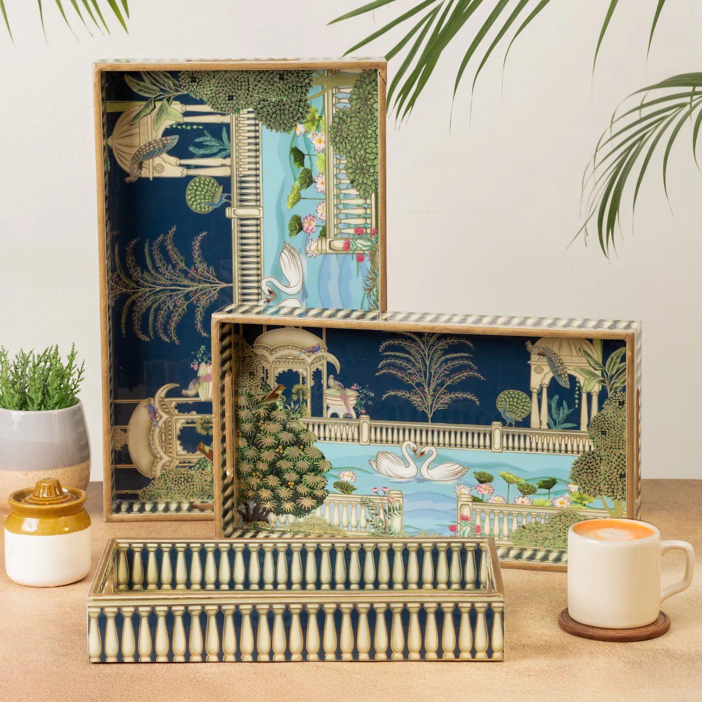 Luxury Handcrafted Wooden Tray Set of 3 – Royal Swan Garden Design - Shoprova
