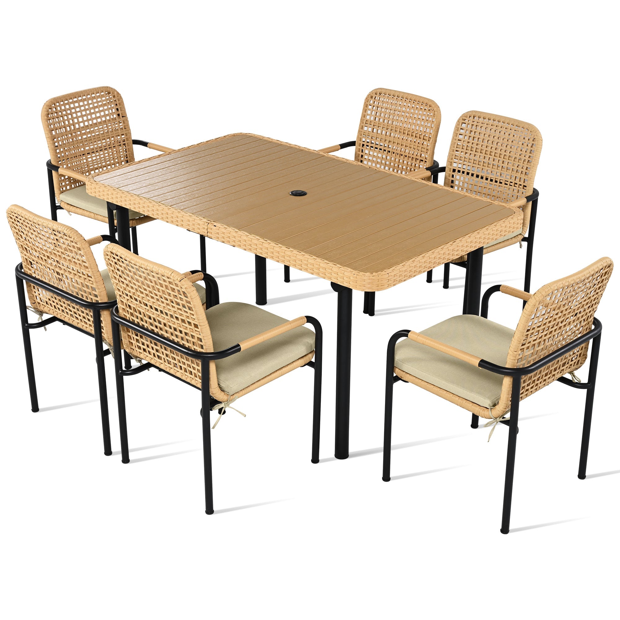 7‑Piece Rattan Patio Dining Set with Polywood Table, Umbrella Hole - Shoprova