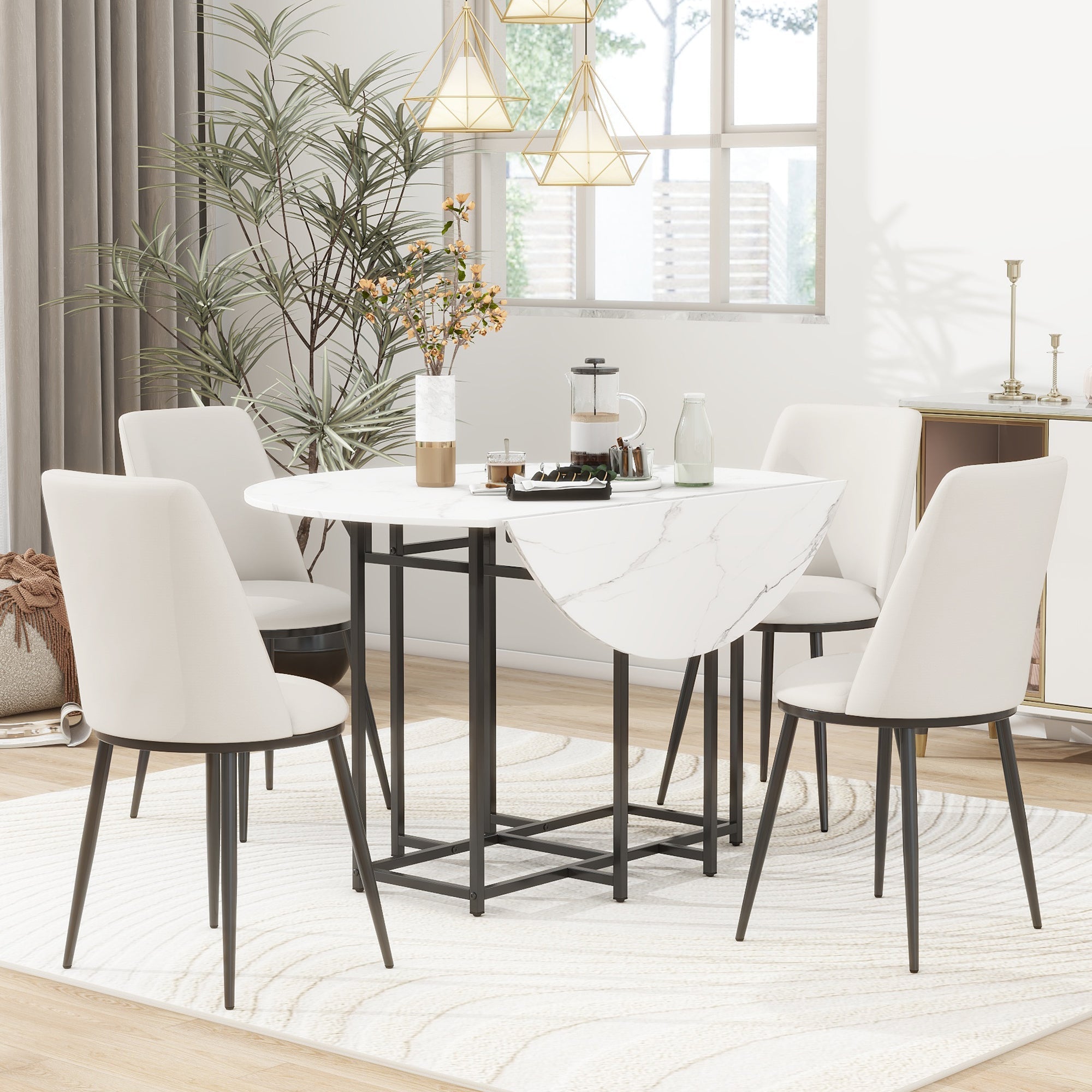 5 - Piece Space - Saving Dining Set – Round Extendable Table with 4 Chairs - Shoprova