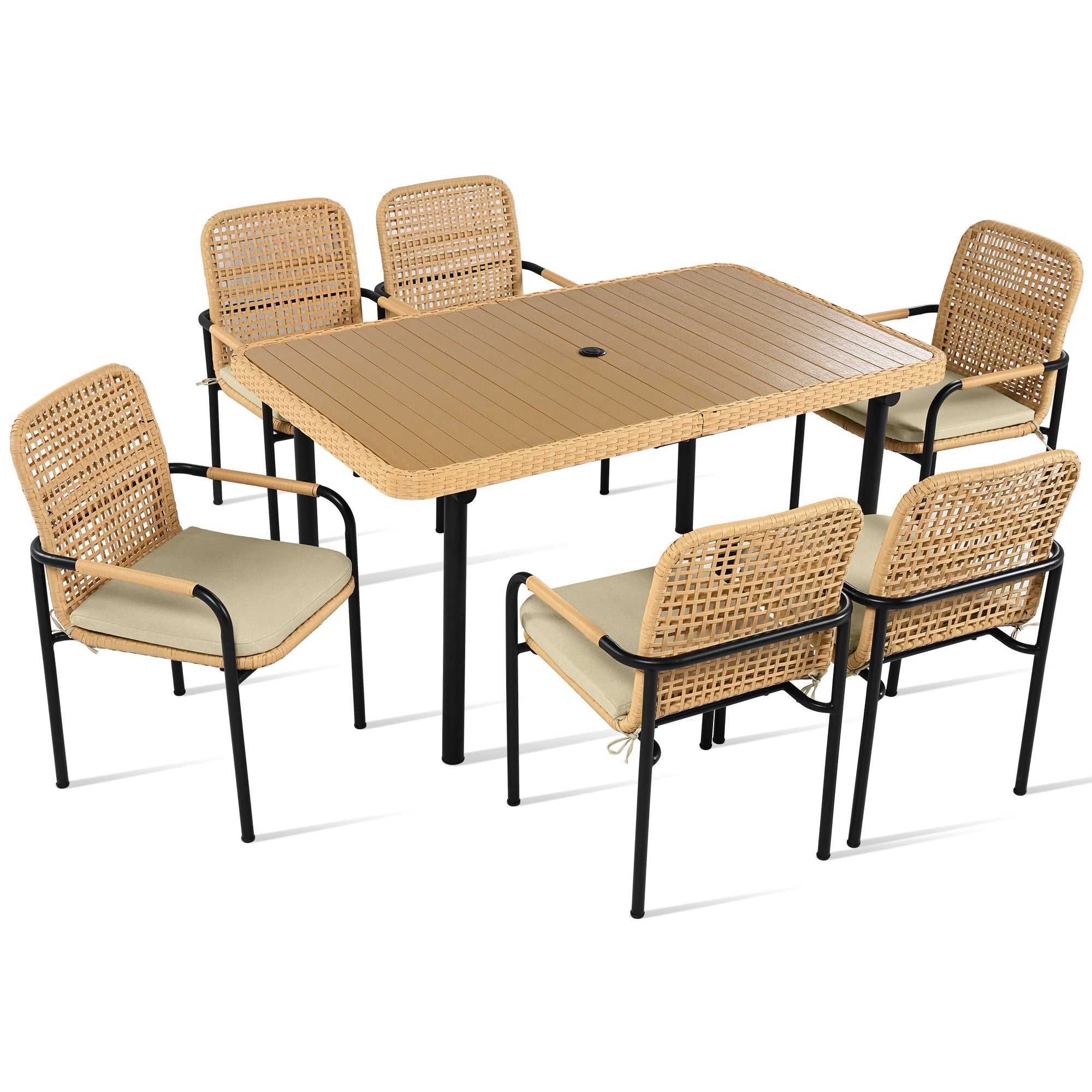 7‑Piece Rattan Patio Dining Set with Polywood Table, Umbrella Hole - Shoprova