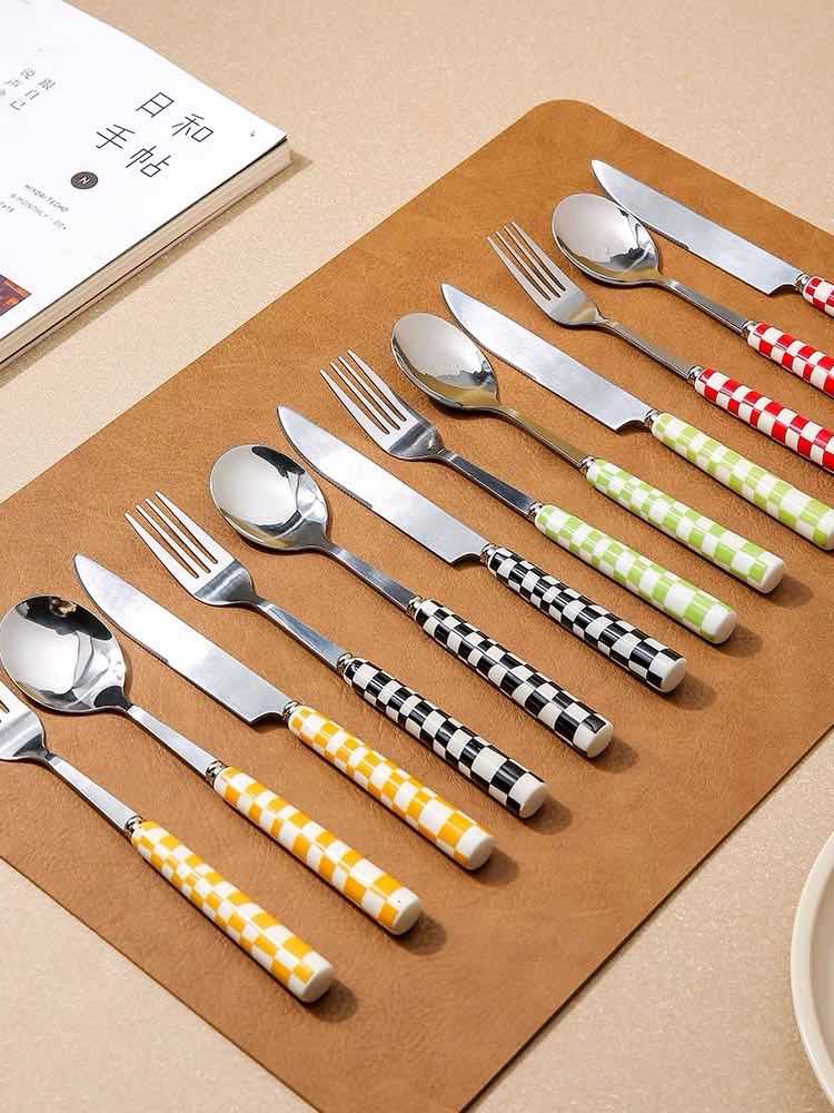 6 - Piece Modern Checkered Flatware Set – Vibrant Ceramic Handle Silverware - Shoprova
