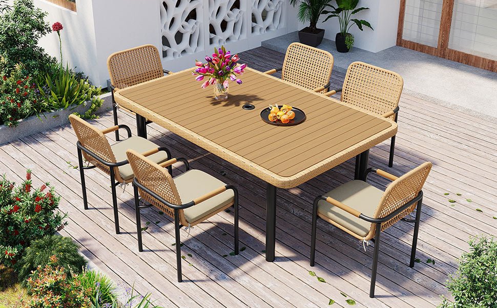 7‑Piece Rattan Patio Dining Set with Polywood Table, Umbrella Hole - Shoprova
