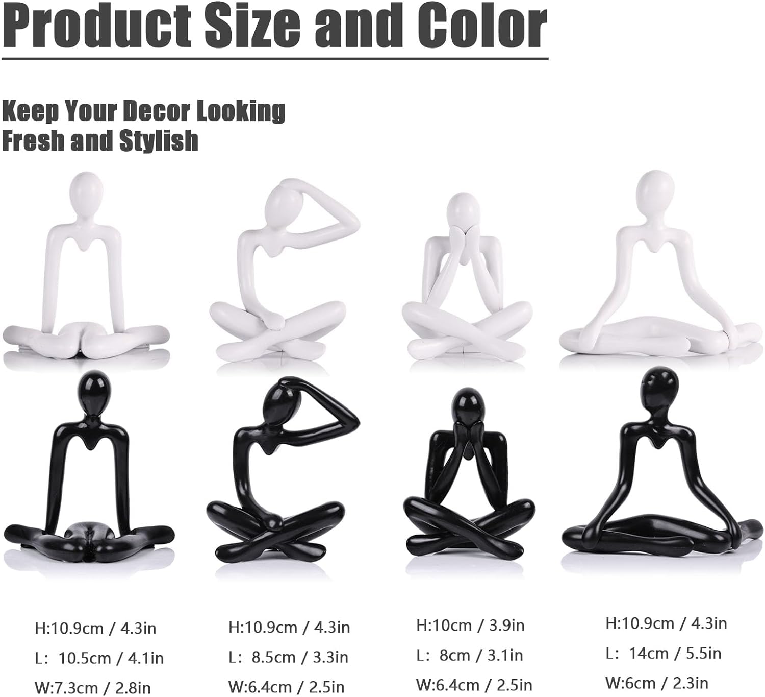 Set of black and white abstract figures in various poses with dimensions displayed.