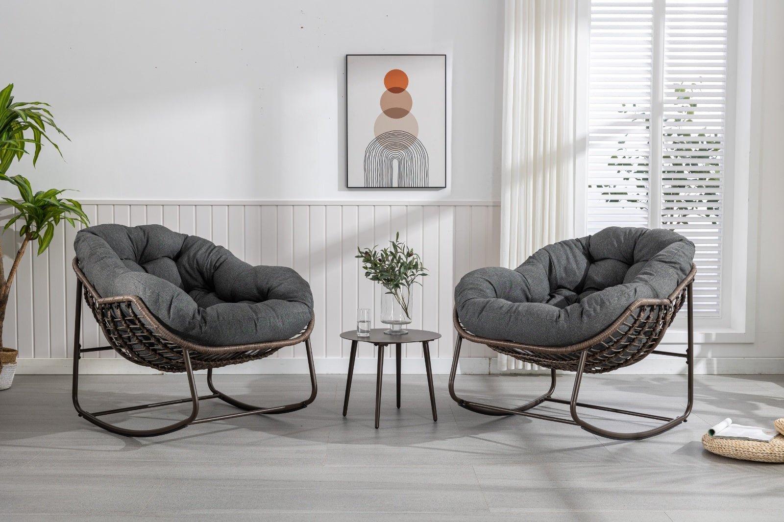 Grey PE Rattan Rocking Chair with Cushioned Seat - Shoprova