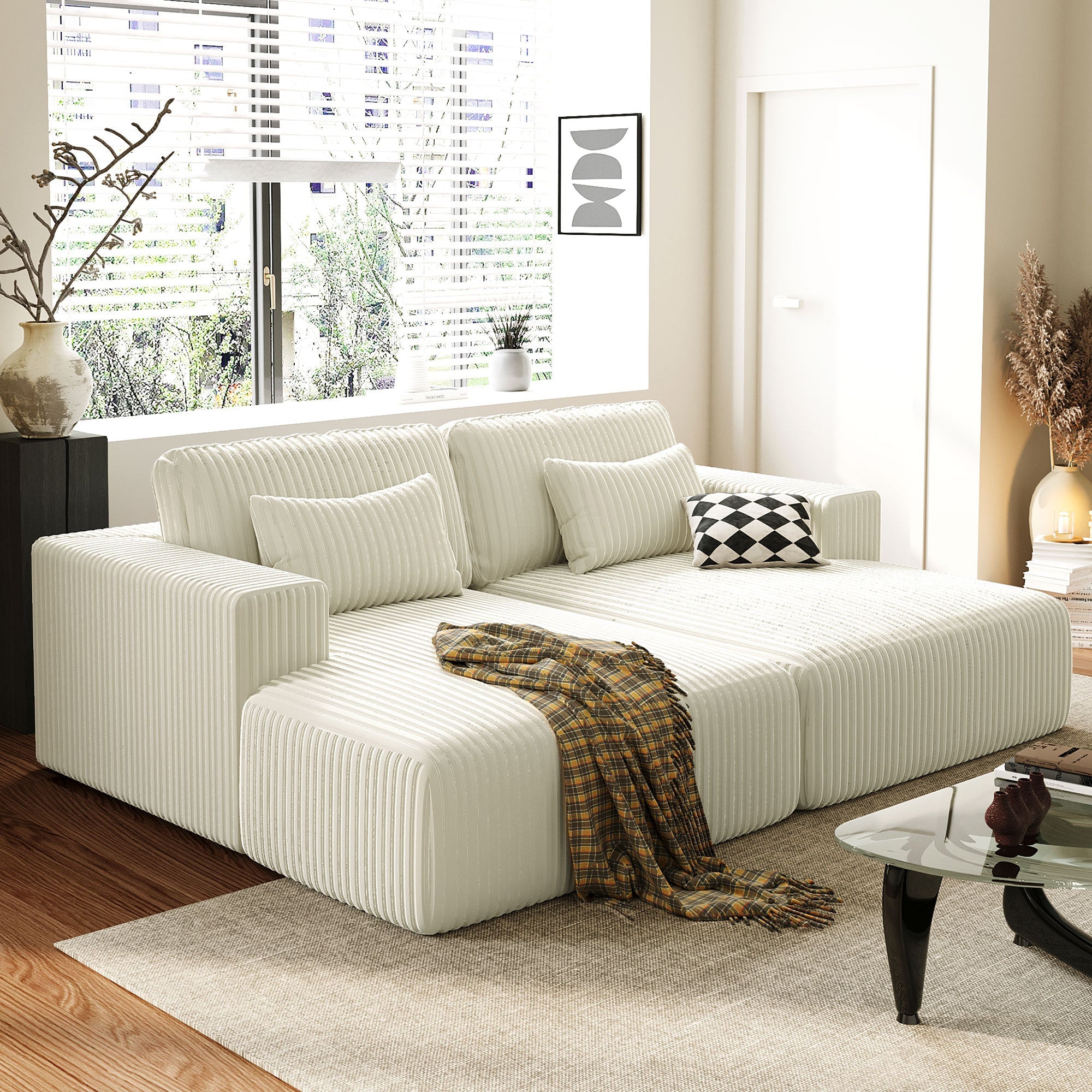 Convertible Corduroy 2‑Seater Sofa Bed with Split Lounger Design - Shoprova