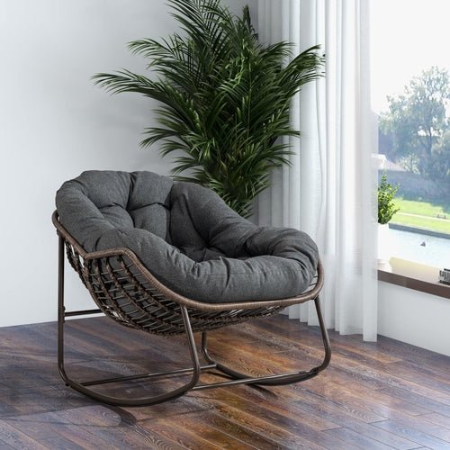 Grey PE Rattan Rocking Chair with Cushioned Seat - Shoprova