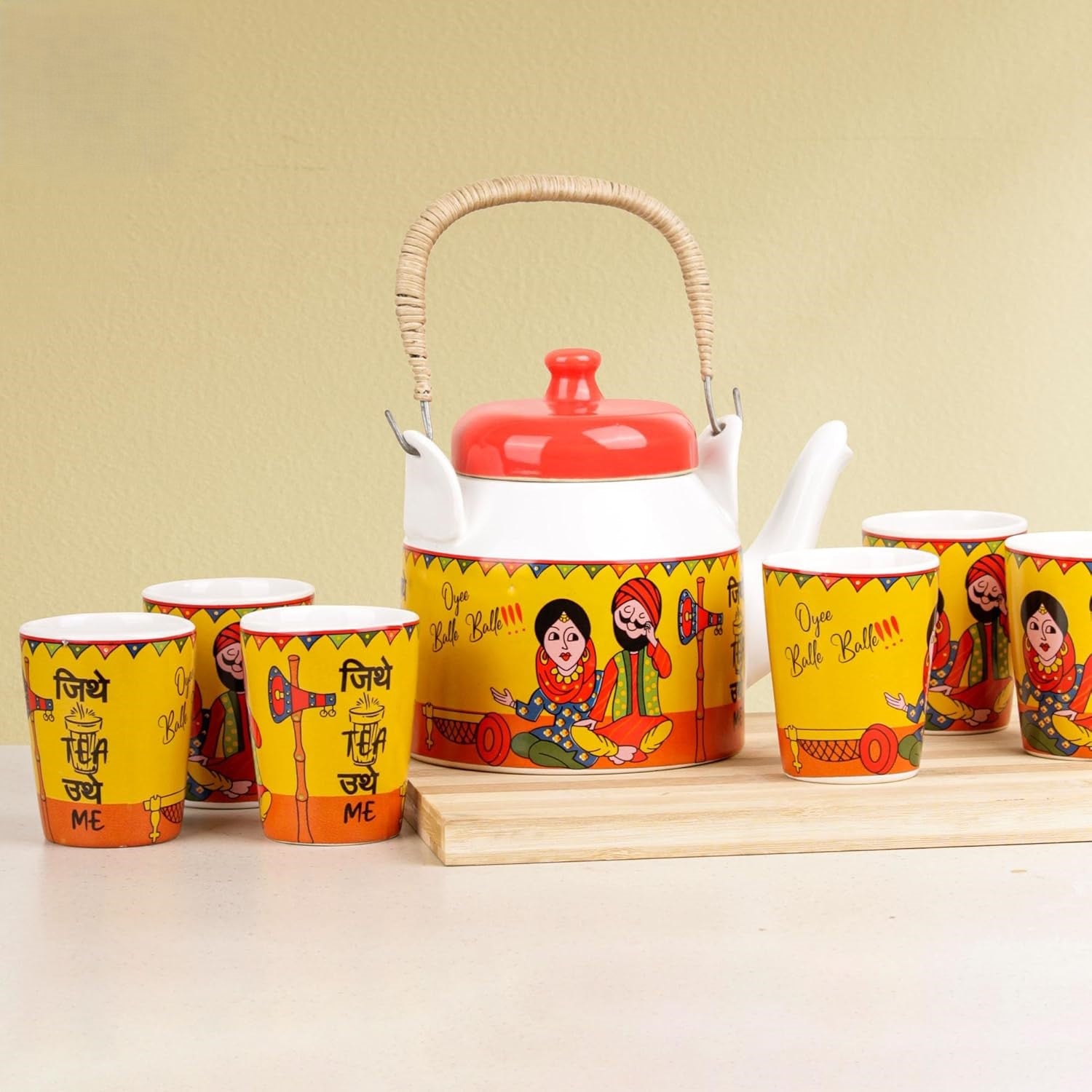Indian Punjabi Folk Art Kettle & Tea Cup Set (7 Pieces) - Shoprova