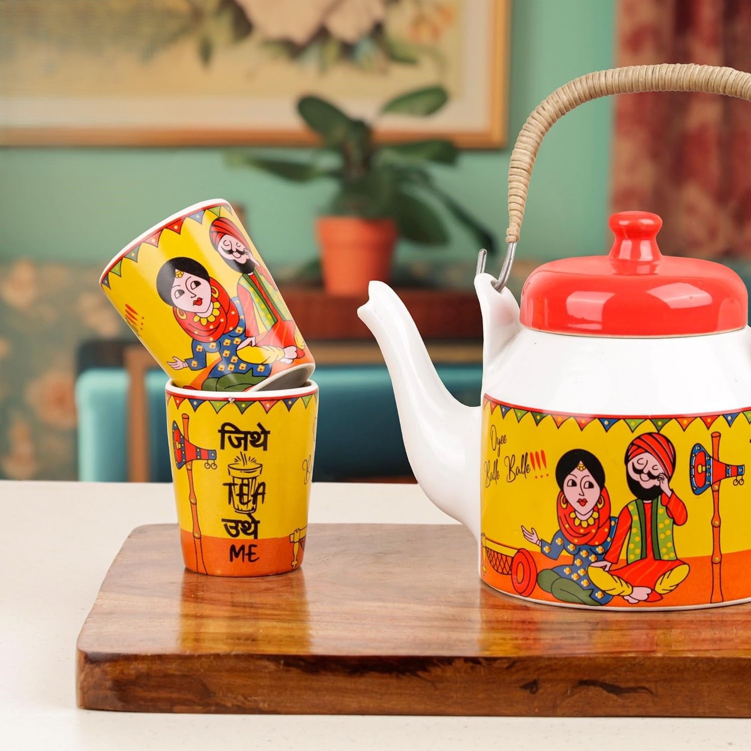 Indian Punjabi Folk Art Kettle & Tea Cup Set (7 Pieces) - Shoprova