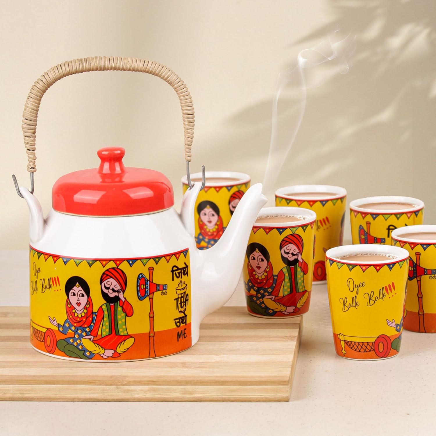 Indian Punjabi Folk Art Kettle & Tea Cup Set (7 Pieces) - Shoprova
