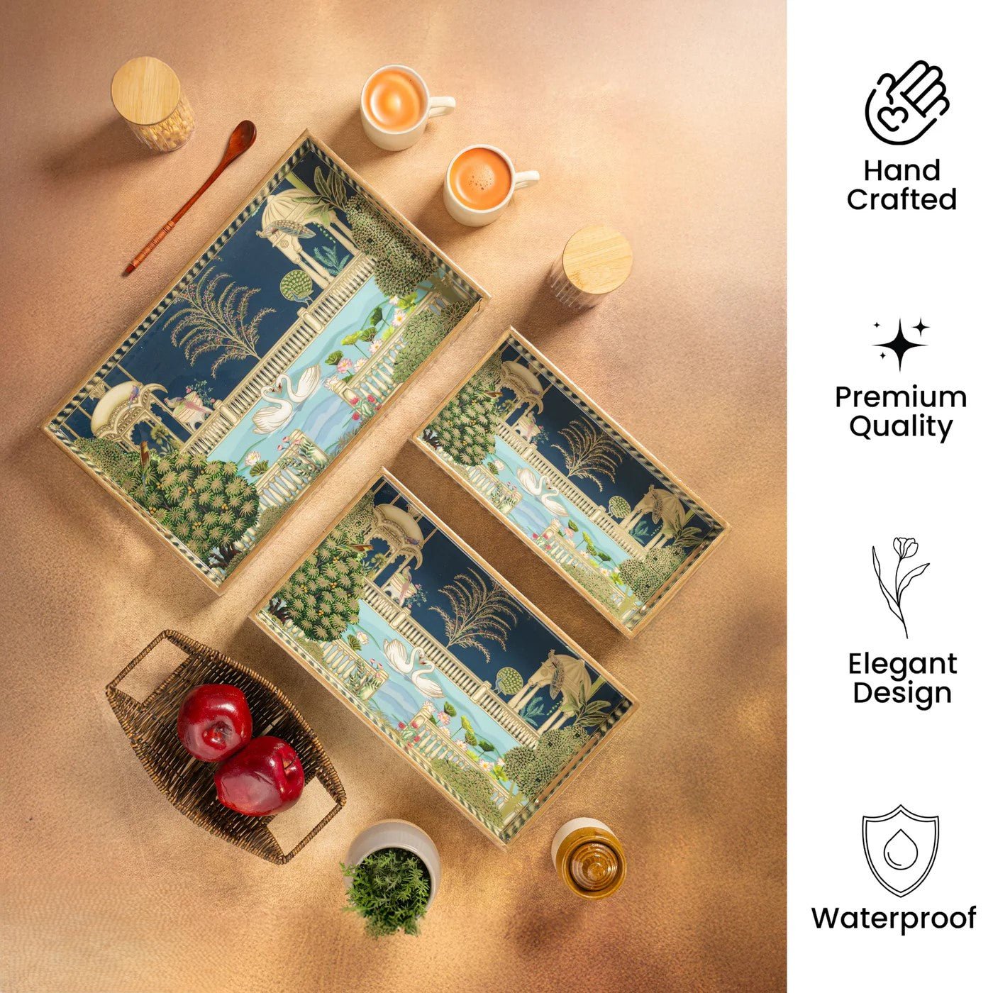 Luxury Handcrafted Wooden Tray Set of 3 – Royal Swan Garden Design - Shoprova