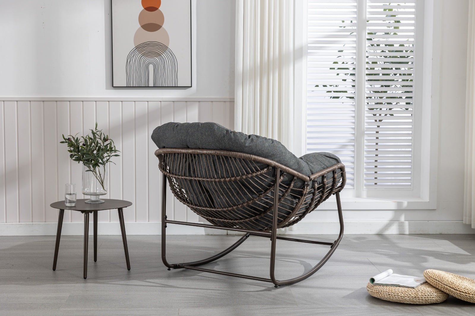 Grey PE Rattan Rocking Chair with Cushioned Seat - Shoprova