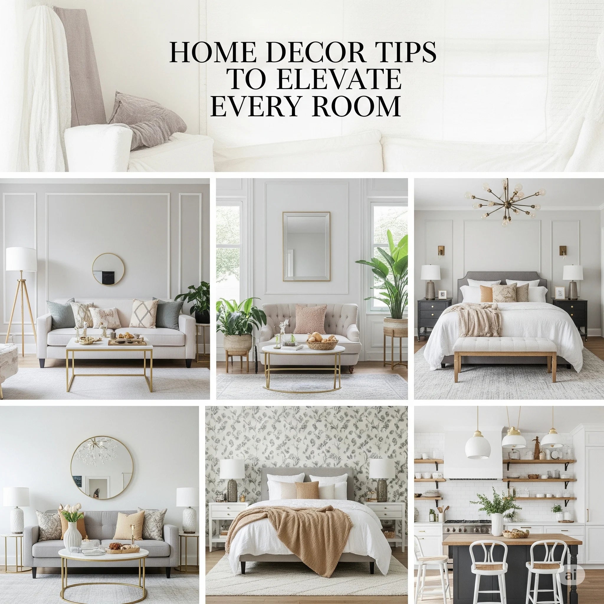 Collage of home decor images with text 'Home Decor Tips to Elevate Every Room'.