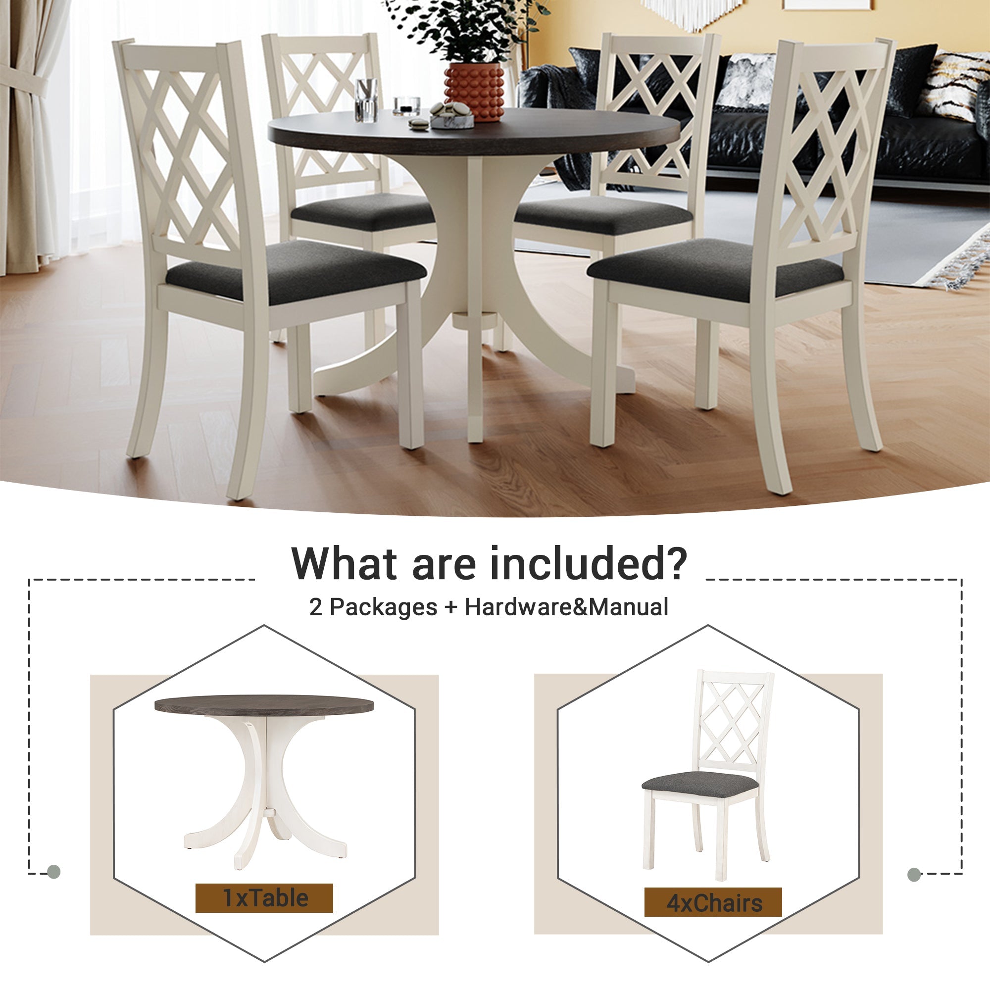 5 - Piece Mid - Century Dining Set – Round Solid Wood Table with 4 Chairs - Shoprova