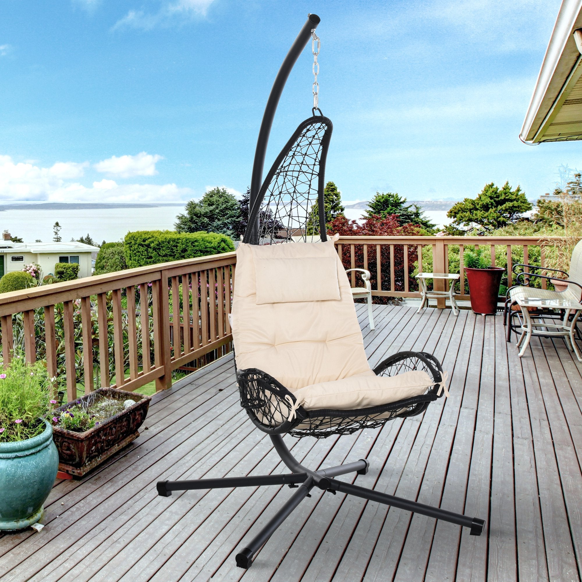 Outdoor Rattan Hanging Chaise Lounge Chair with Stand & Cushion - Shoprova