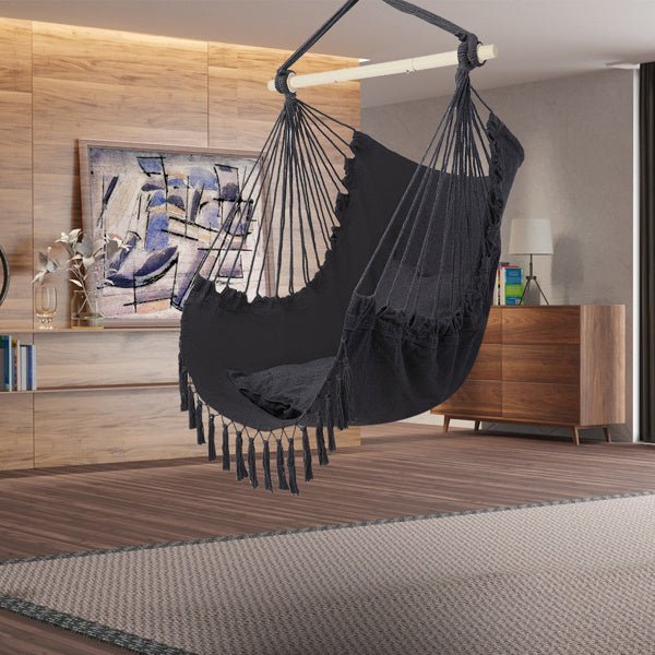 Boho Hanging Chair with Fringe & Cushions – Foldable Swing Seat - Shoprova