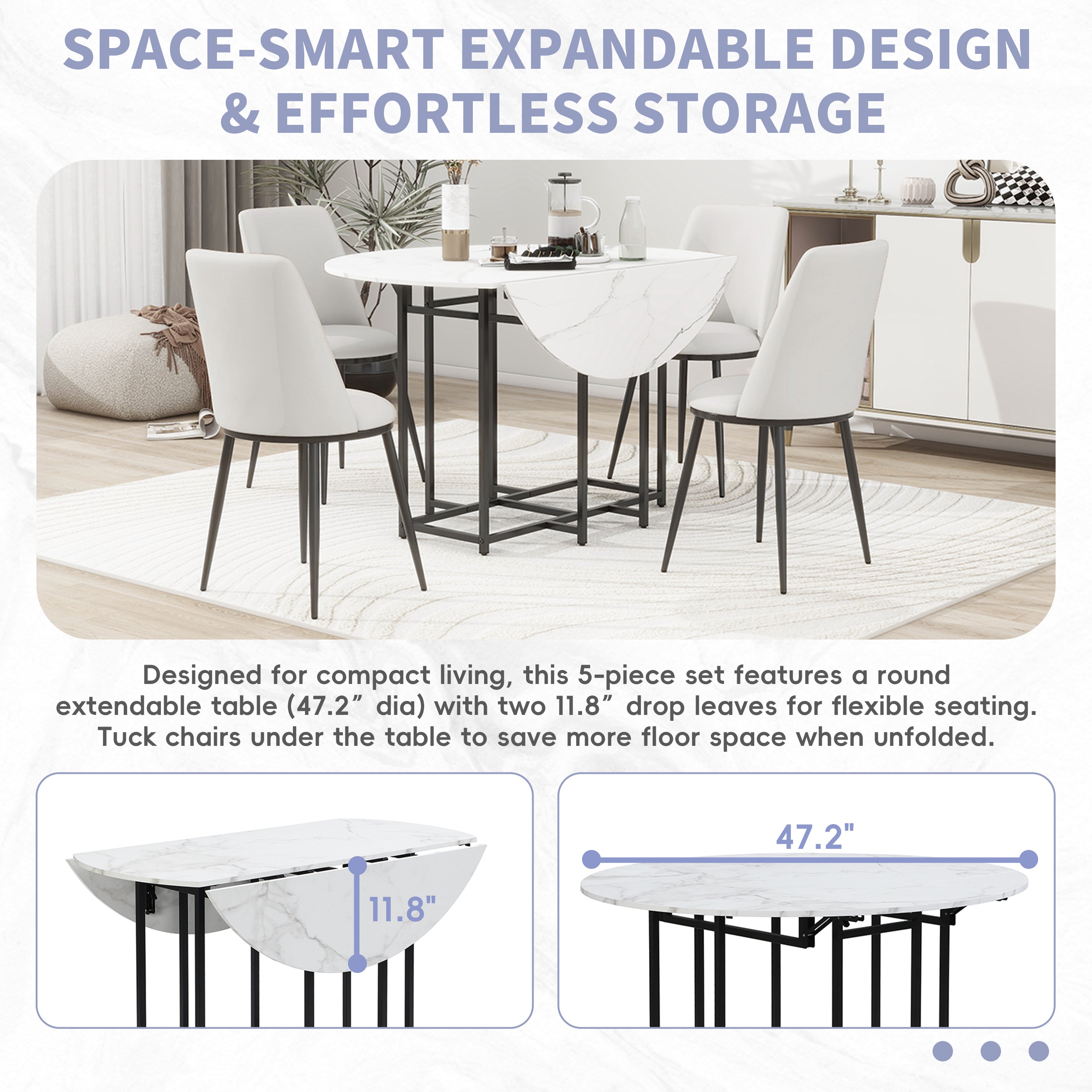 5 - Piece Space - Saving Dining Set – Round Extendable Table with 4 Chairs - Shoprova