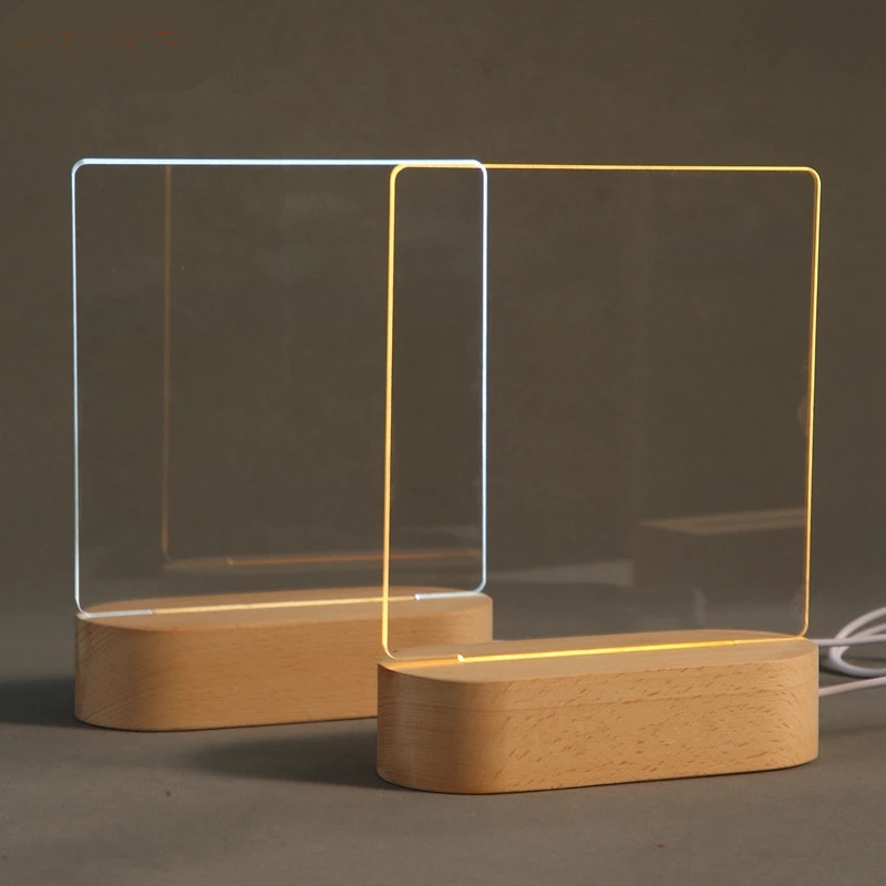 Modern table lamp with wooden base and clear acrylic panel on a dark background